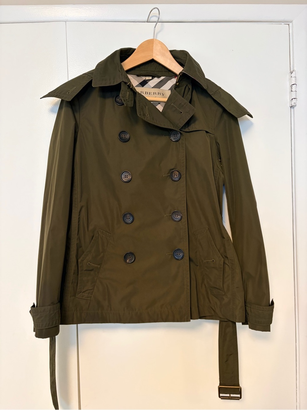 Burberry Olive Green Double-Breasted Short Trench Coat 6